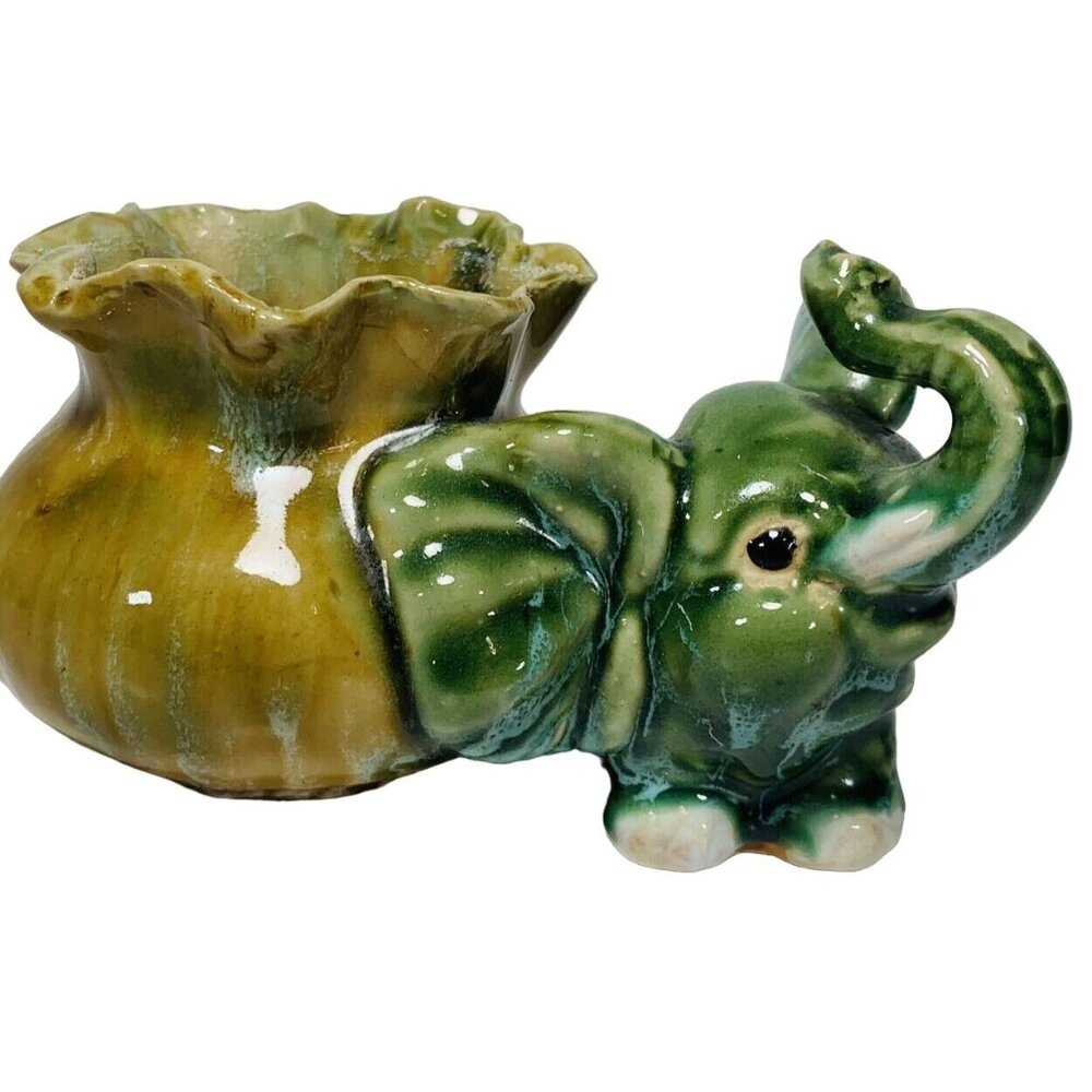 Majolica Glazed Elephant Planter Art Pottery VTG Succulent Ruffled Pot Vase Deco